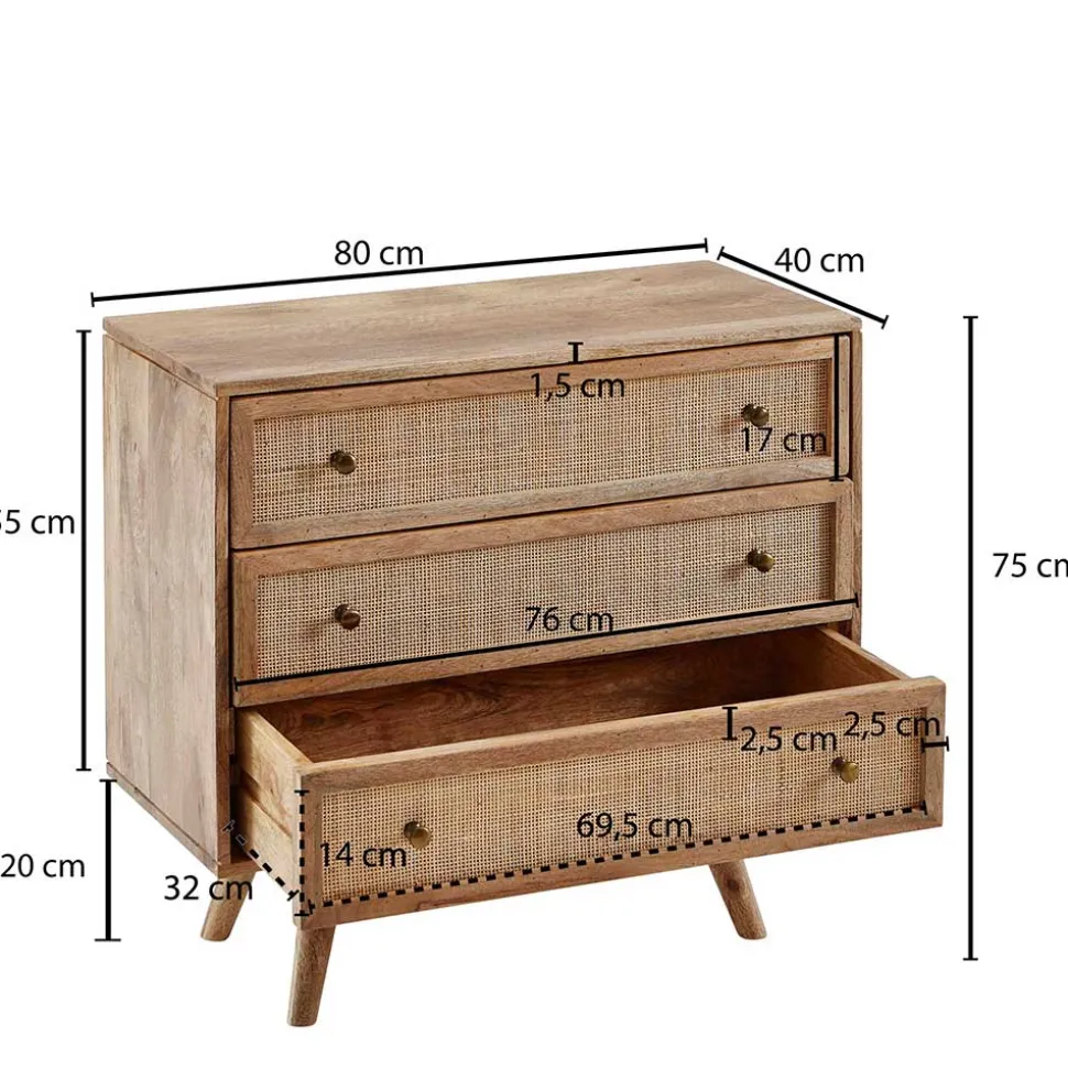 Mangoholz Kommode mit Rattan Geflecht Fronten - Kanados