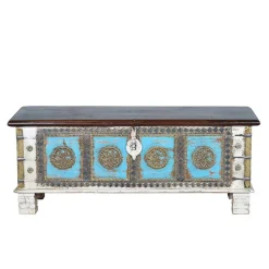 Massivholztruhe in Antikweiß mit Blau Bronze Braun - Eskuladra