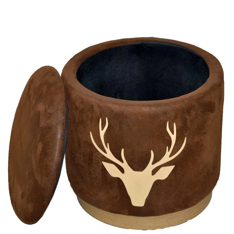 Microfaser Hocker in Braun mit Hirsch Kopf - Arnhild