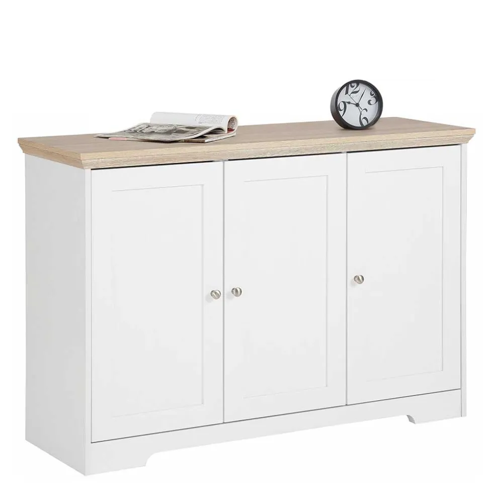 Modern Country Türen-Kommode in Weiß & Eiche - Akedra
