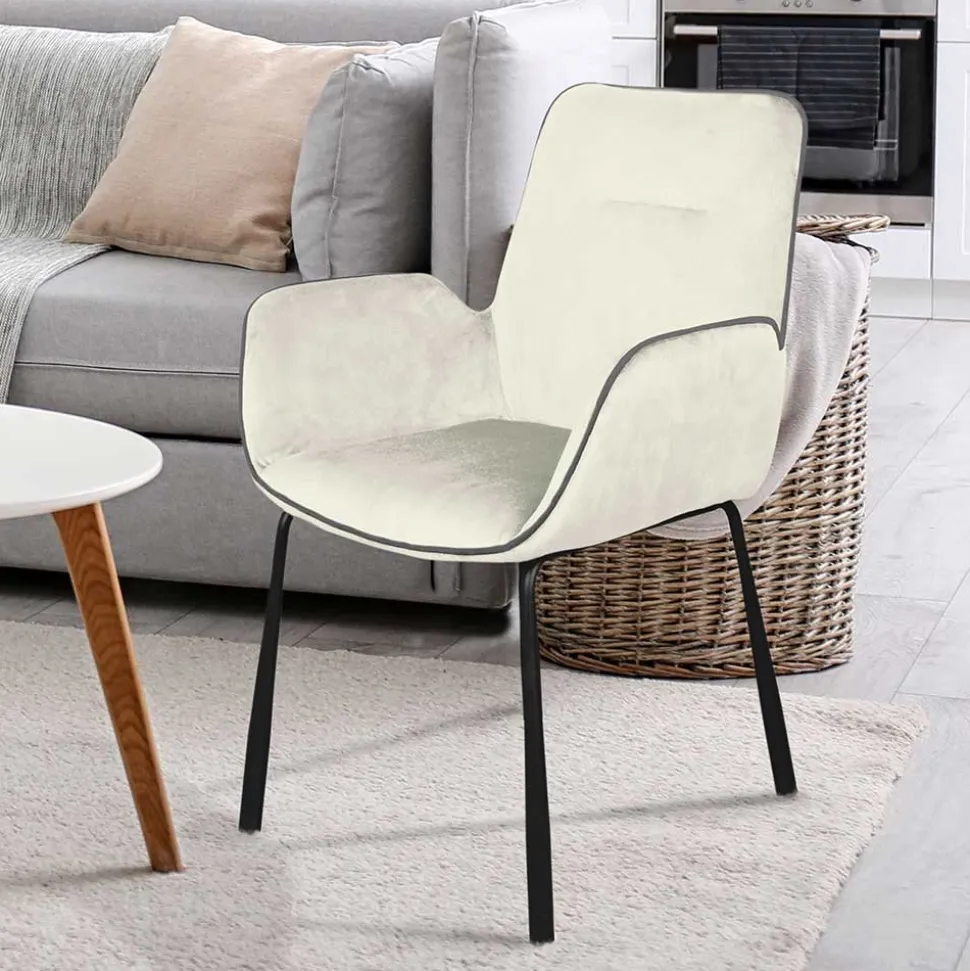 Moderner Armlehnenstuhl in Creme Samtstoff - Trocios