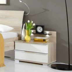 Nachtkommode Josekna in Weiß Glas Eiche Sägerau