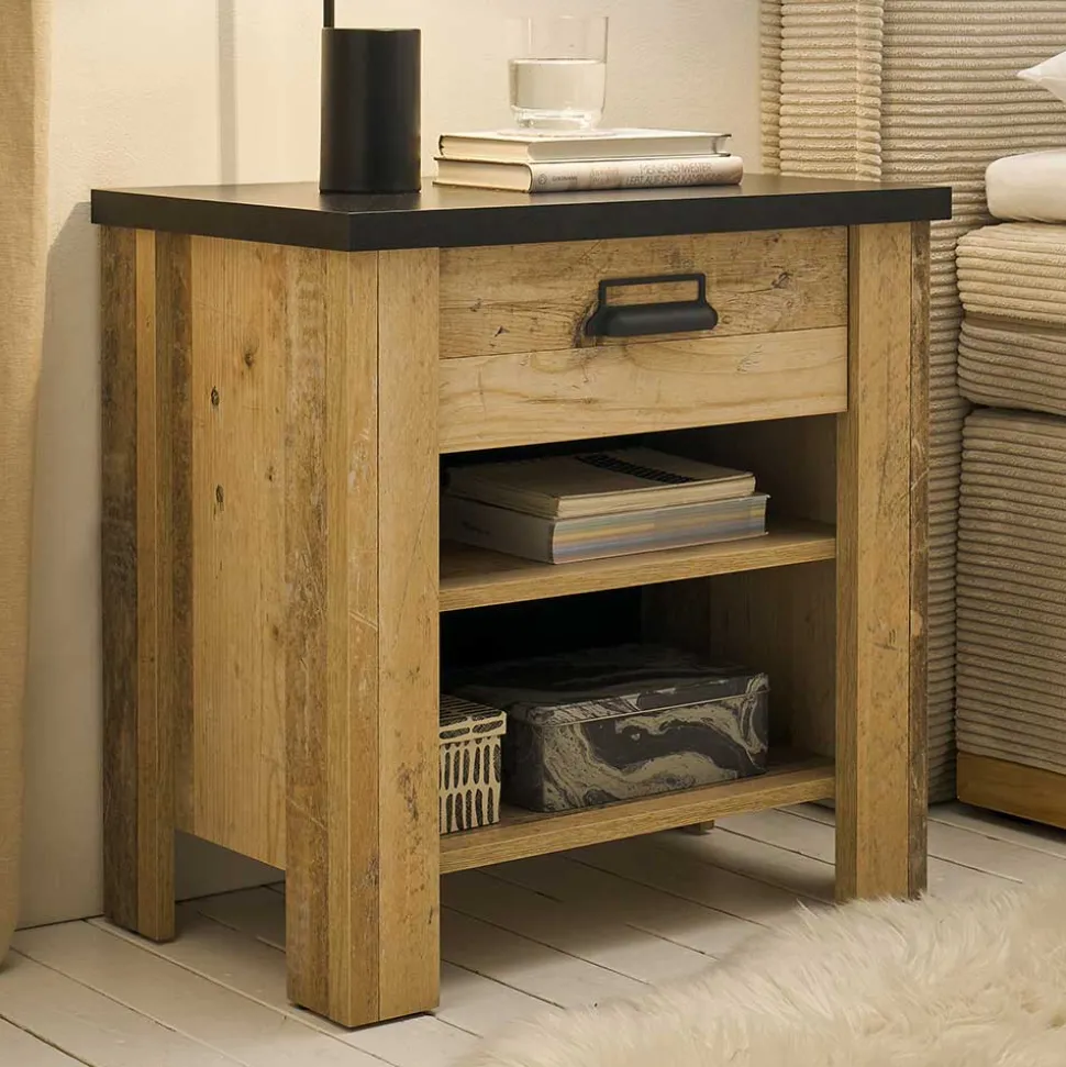 Nachtkonsole im Altholz Look & Anthrazit - Naiavio