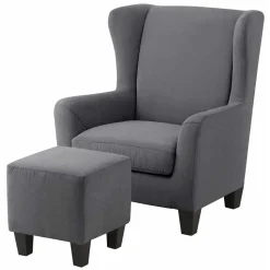 Ohrensessel mit Hocker in Grau - Odilla (zweiteilig)