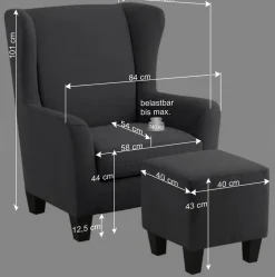 Ohrensessel mit Hocker in Grau - Odilla (zweiteilig)