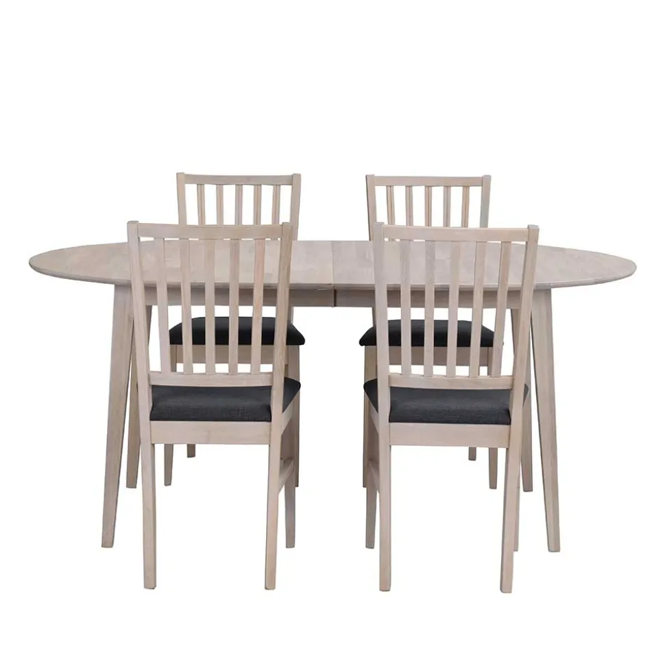 Ovaler Esstisch Eiche White Wash & 4 Stühle Pessoa mit Webstoff Grau (fünfteilig)