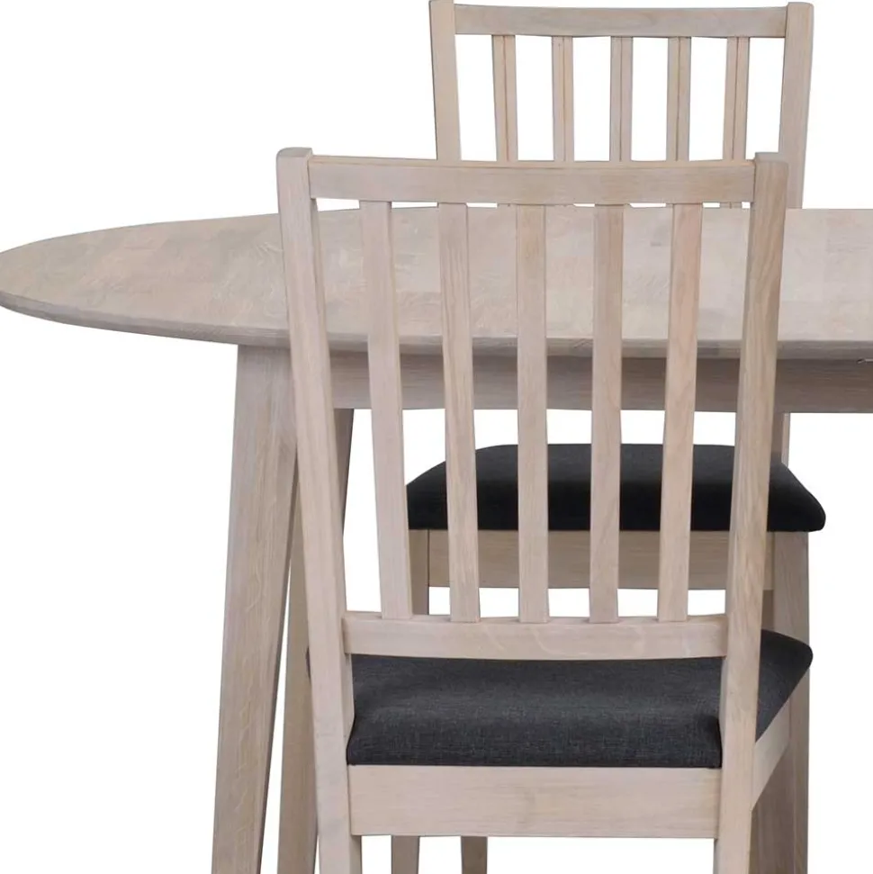 Ovaler Esstisch Eiche White Wash & 4 Stühle Pessoa mit Webstoff Grau (fünfteilig)