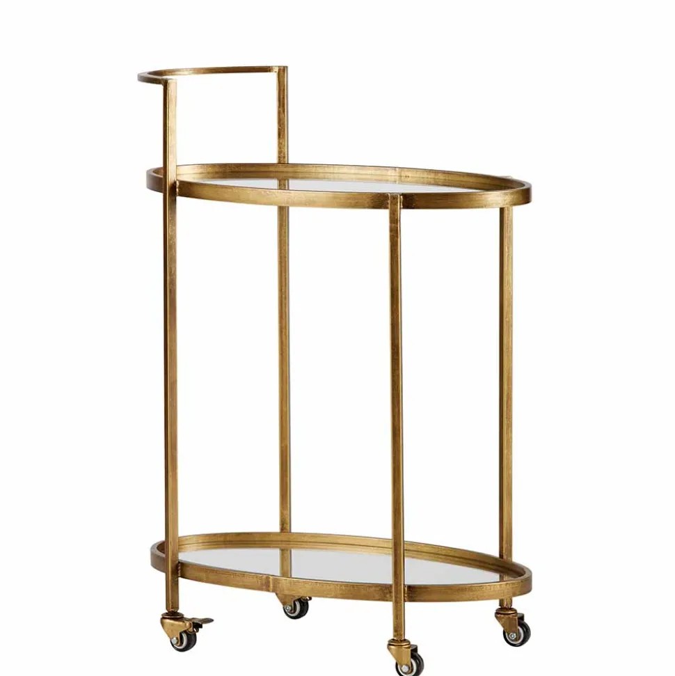 Ovaler Serviertisch Burina auf Rollen in Messing mit Glas