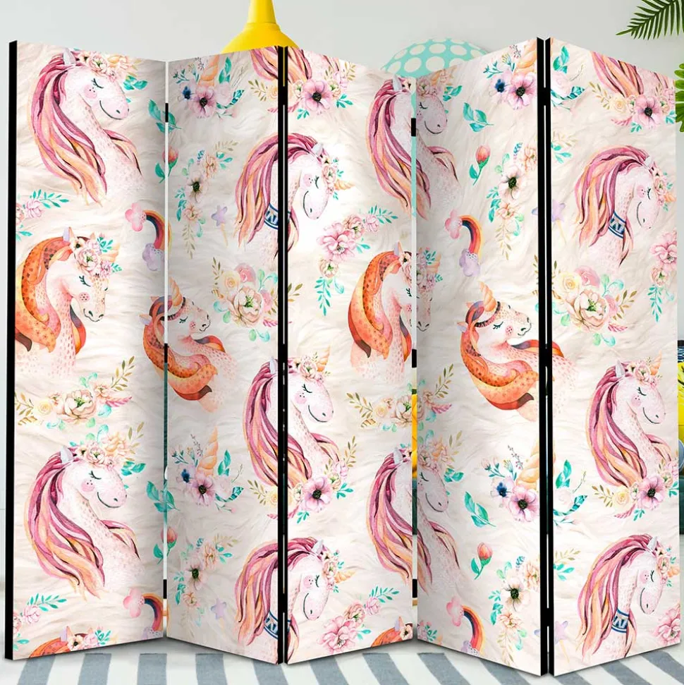 Pastellfarben Paravent mit Einhorn Köpfen Kunstmotiv - Manca