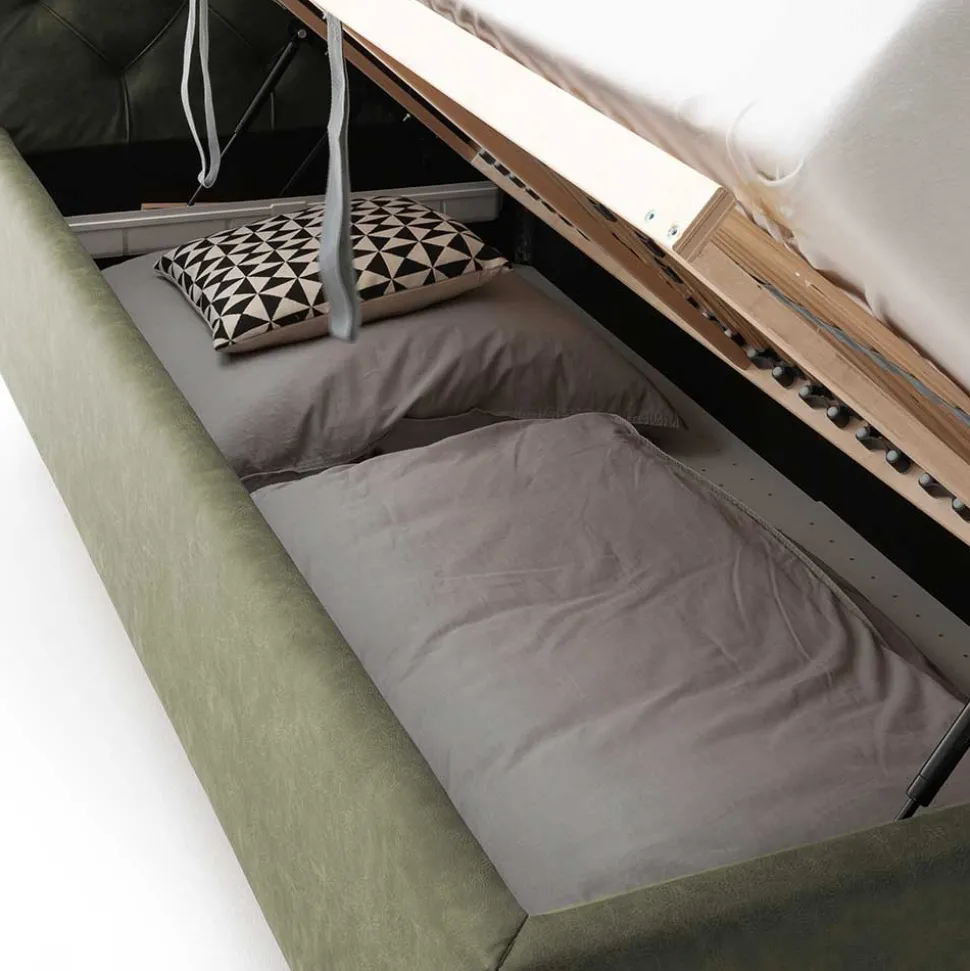 Polsterbett in Oliv Grün & Eiche - Miania