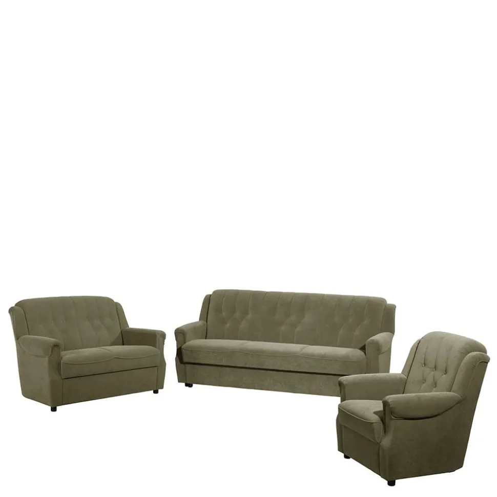 Polstergarnitur in Dunkelgrün Flockstoff - Ramira (dreiteilig)