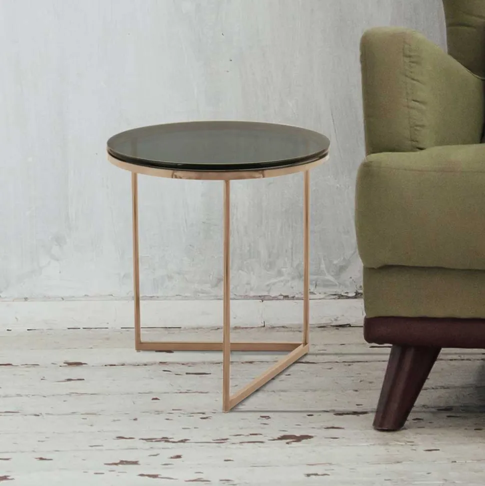 Rauchglas Beistelltisch mit Gestell in Rosegold - Shivan