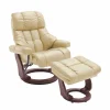 Relax Sessel mit Leder in Creme & Gestell Walnuss Hermine inkl. Hocker (zweiteilig)