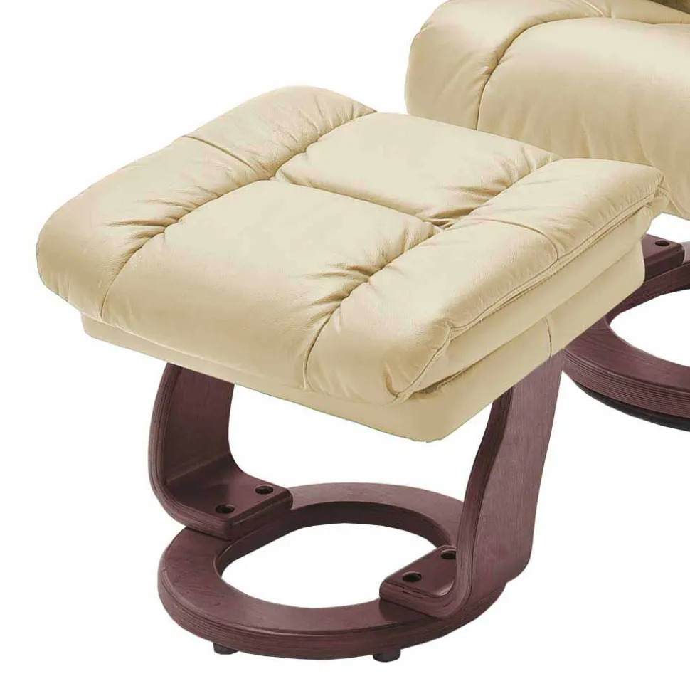 Relax Sessel mit Leder in Creme & Gestell Walnuss Hermine inkl. Hocker (zweiteilig)