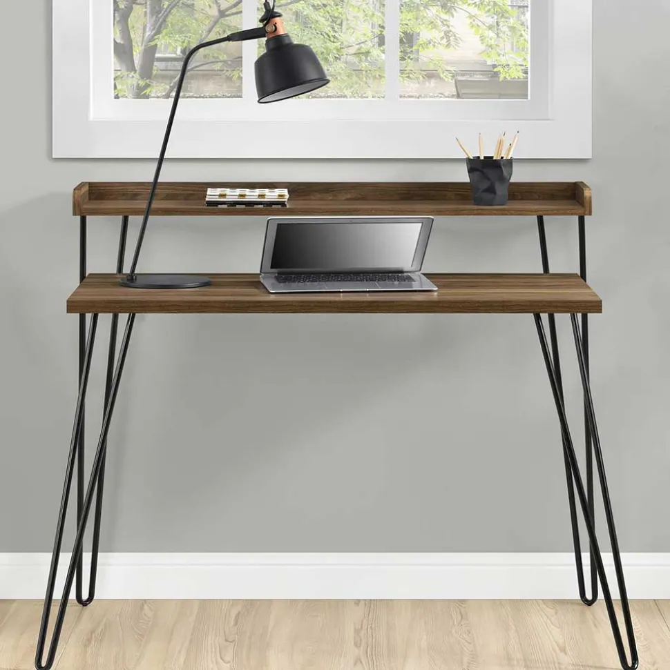 Retro Schreibtisch in Walnuss Optik & Schwarz - Filumenta