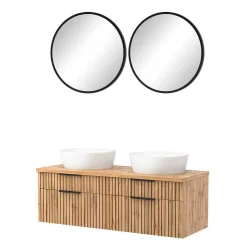 Runde Bad-Lichtspiegel & 2er Waschtisch - Crystoga (dreiteilig)