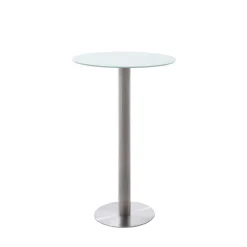 Runder Bartisch mit weißer Glasplatte Shaky & Edelstahlfuß