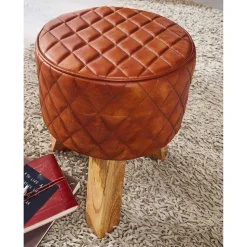 Runder Echtleder Hocker mit drei Holzfüßen - Morian