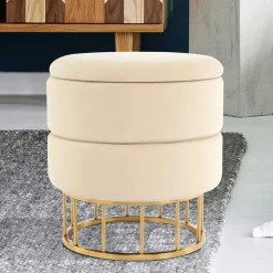Runder Stauraum Hocker in Creme & Gold - Loeesa