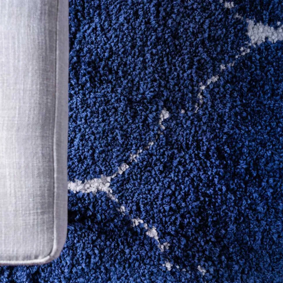 Runder Teppich in Dunkelblau & Creme Hochflor - Vimanco