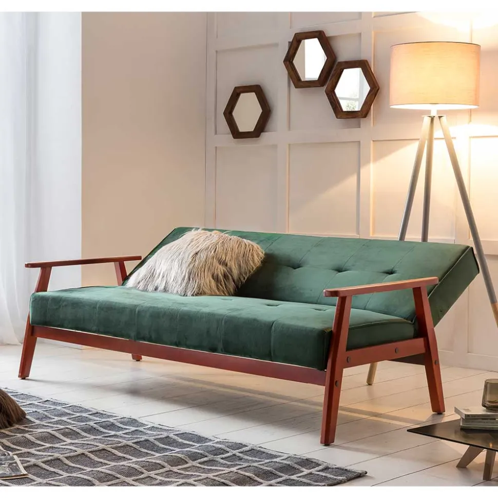 Samt Schlafsofa in Dunkelgrün & Kirschbaum - Sanfernada