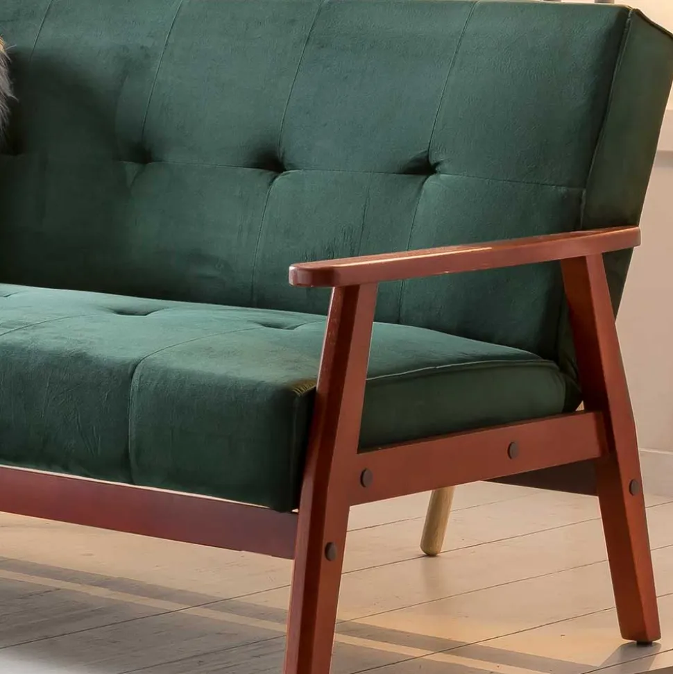 Samt Schlafsofa in Dunkelgrün & Kirschbaum - Sanfernada