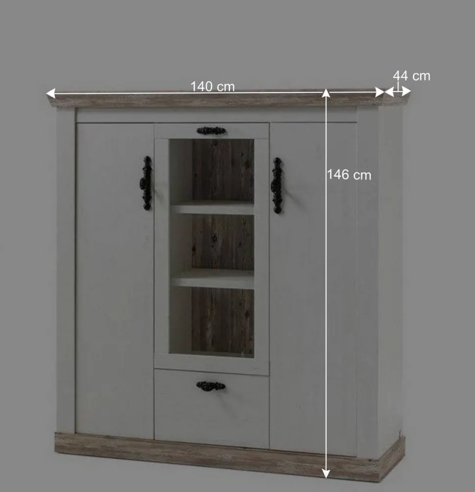 Scandi Landhaus Highboard in Weiß Pinie Shabby Nedita 140 cm breit