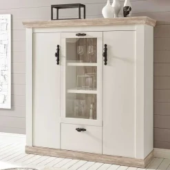 Scandi Landhaus Highboard in Weiß Pinie Shabby Nedita 140 cm breit