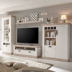 Scandi Landhaus Wohnzimmermöbel Set Nedita in Weiß (vierteilig)
