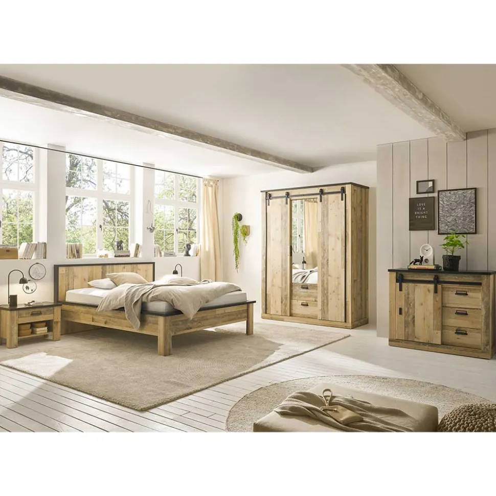 Schlafzimmer mit 140x200 Bett Set - Naiavio (fünfteilig)