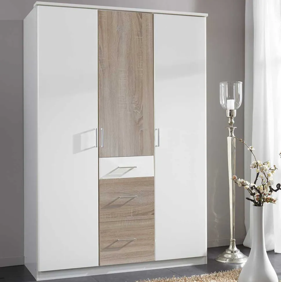 Schlafzimmerschrank in Weiß mit Eiche Sägerau - Magdelan