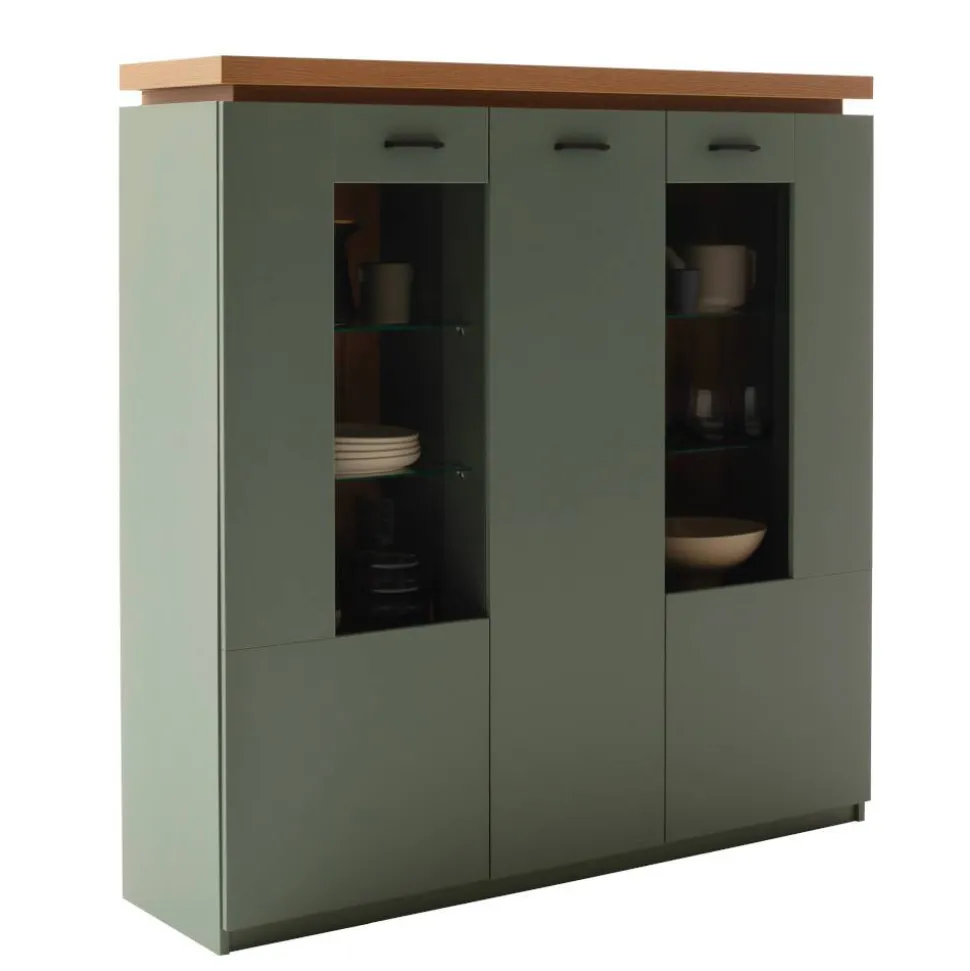 Schrank Vitrine in Graugrün und Eiche - Kwin