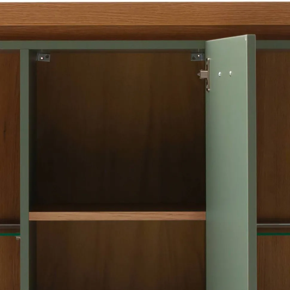 Schrank Vitrine in Graugrün und Eiche - Kwin