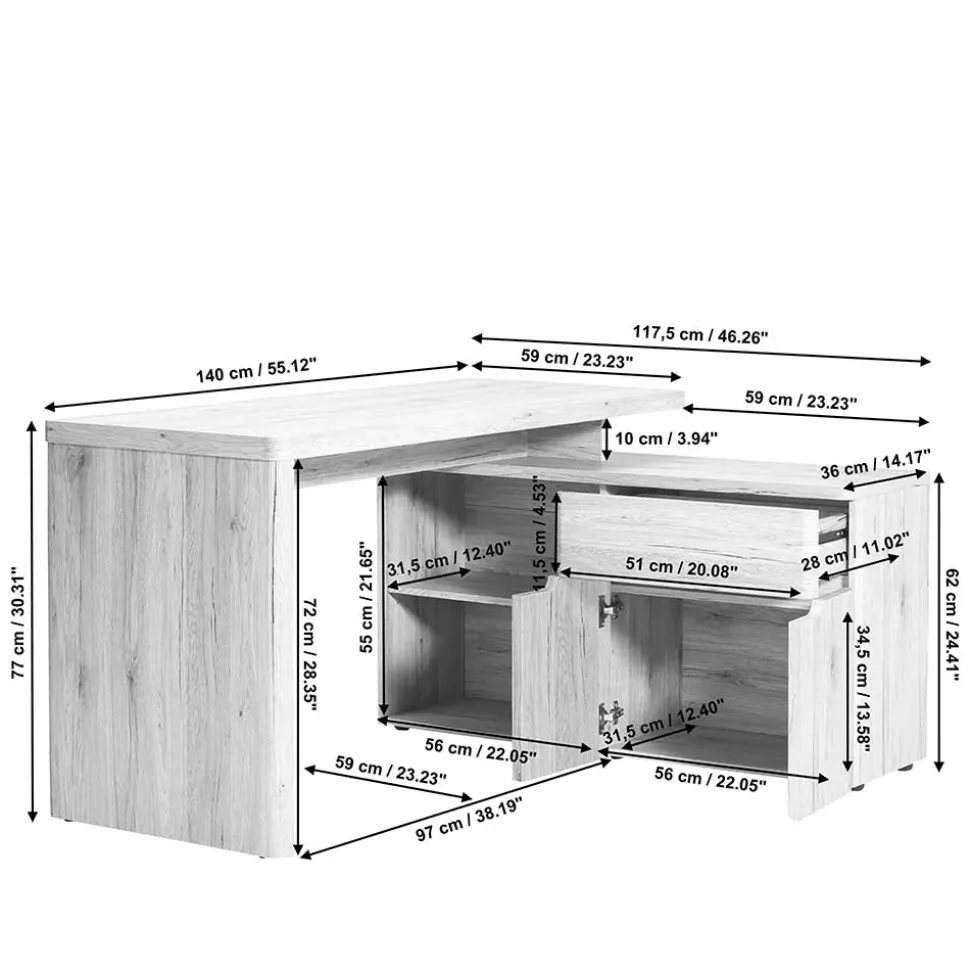 Schreibtisch mit Seitenregal in Eiche Optik - Abacho