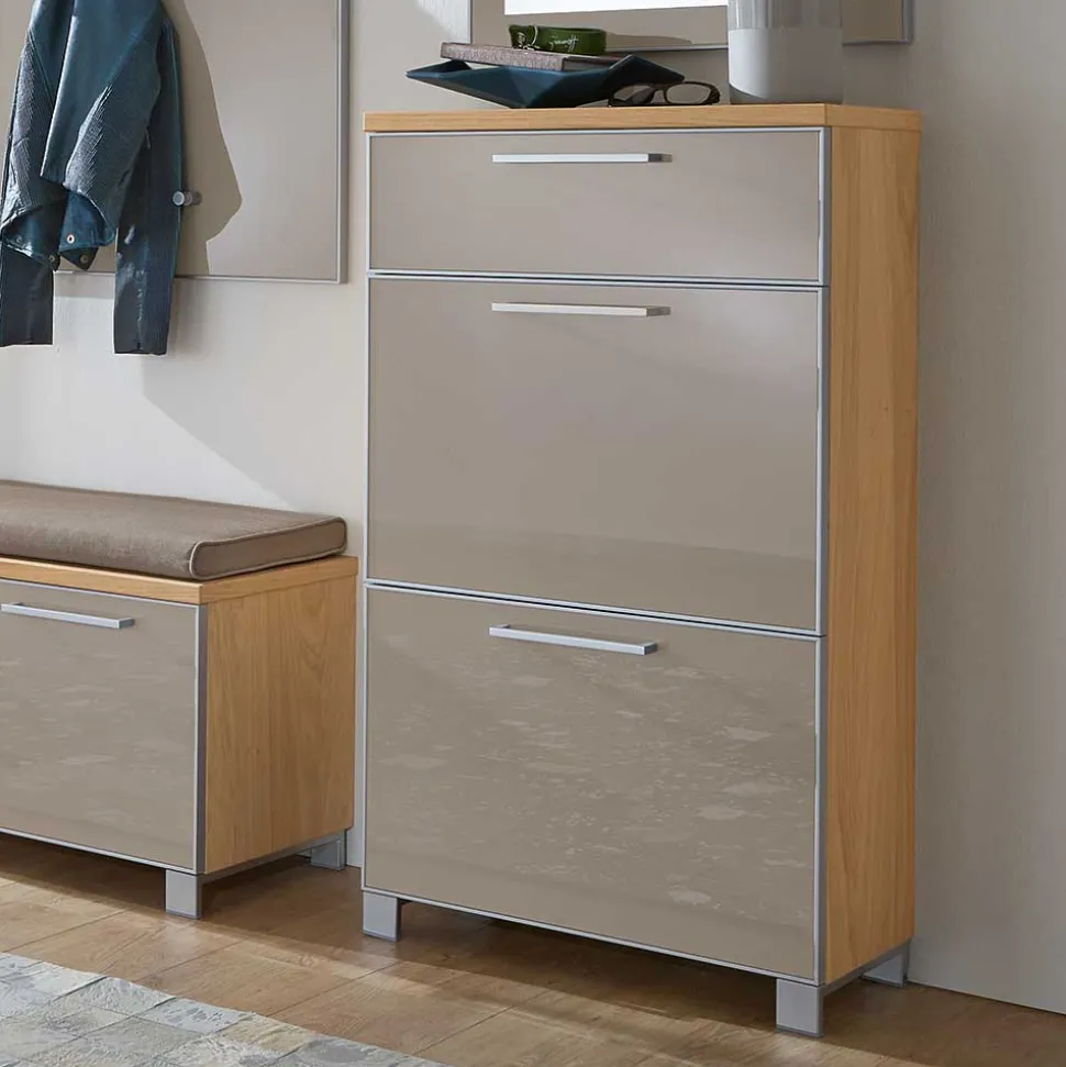 Schuh Klappenschrank Diecca in Taupe Glas beschichtet
