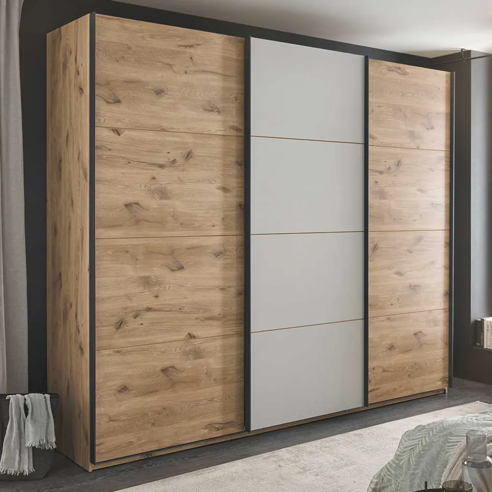Schwebetürenschrank in Grau und Wildeiche Hell - Simple