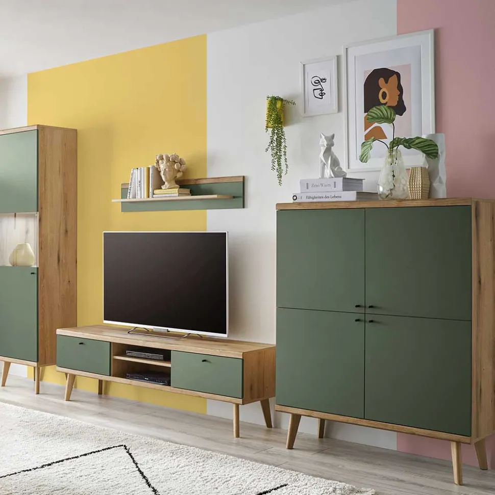 Skandi Wohnwand Möbel in Graugrün - Oliva (vierteilig)