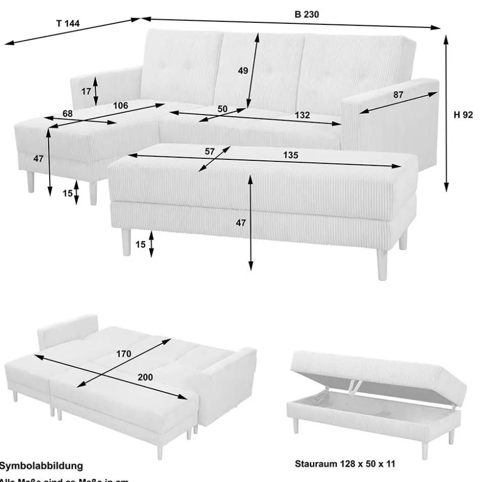 Sofaecke mit Hocker - Bettfunktion - Snella (zweiteilig)