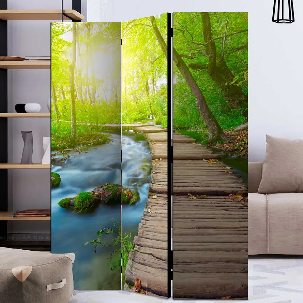 Spanische Wand mit Foto Wald Wasser & Holzweg - Musena