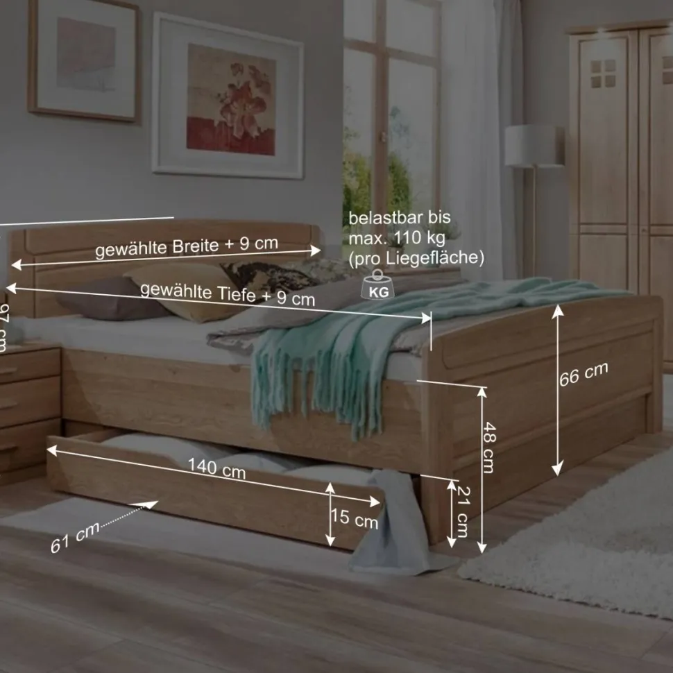Stauraumbett Anlage aus Eiche - Sendician (dreiteilig)
