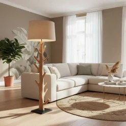 Stehlampe mit Stoffschirm und Naturholz Fuß - Longli