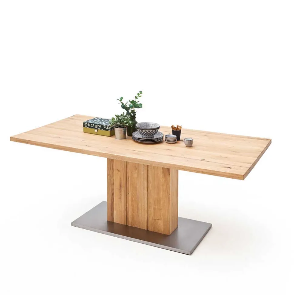 Säulen Esstisch mit Balkeneiche Powera & Bodenplatte mit Metall Mantel