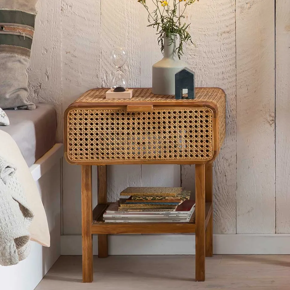 Teak Holz Nachtkommode mit Wiener Geflecht - Teako