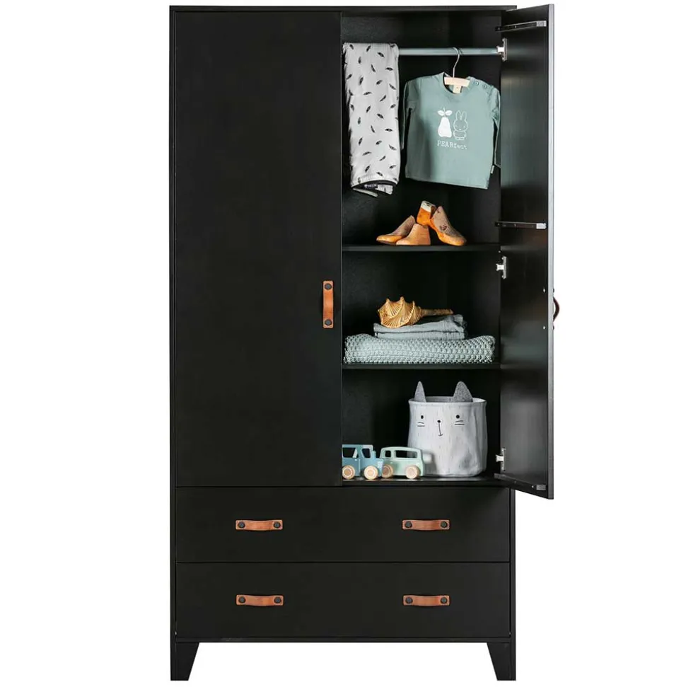 Teilmassiver 94x180x40 Kiefernholz Kleiderschrank in Schwarz - Ilvessino