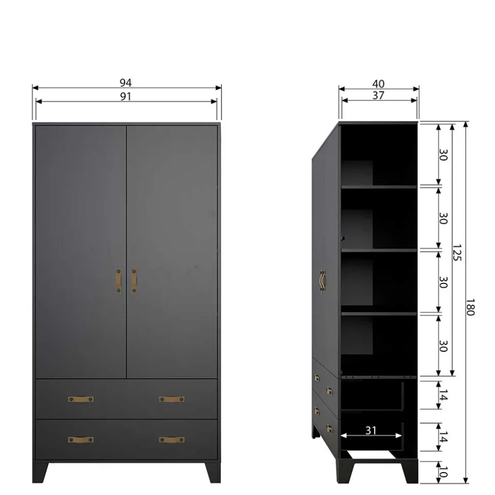 Teilmassiver 94x180x40 Kiefernholz Kleiderschrank in Schwarz - Ilvessino