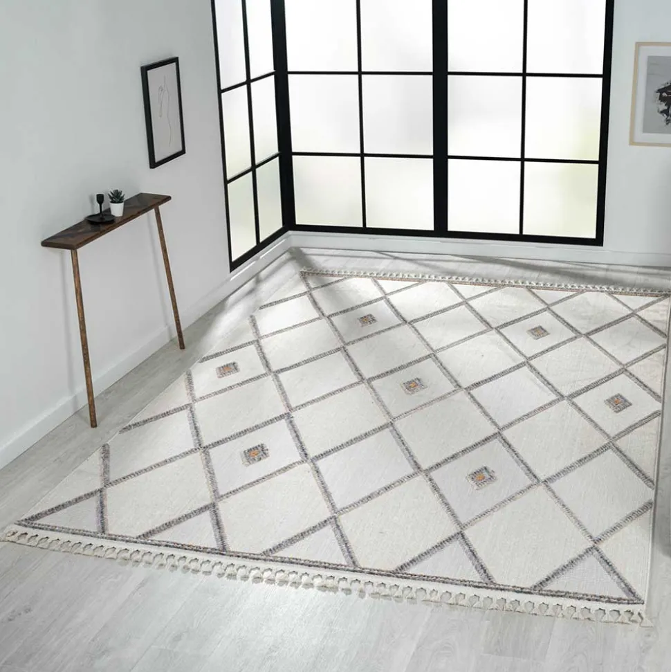 Teppich mit Rauten Muster in Beige und Weiß - Nikolan
