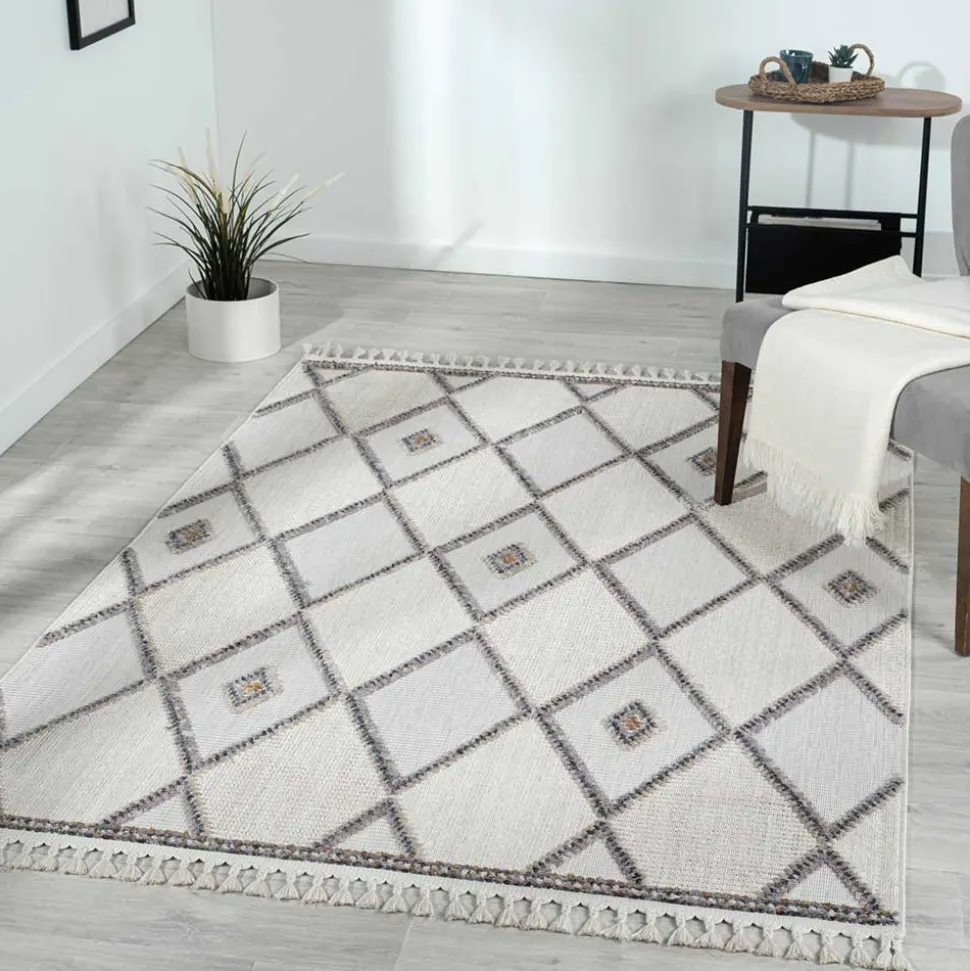 Teppich mit Rauten Muster in Beige und Weiß - Nikolan