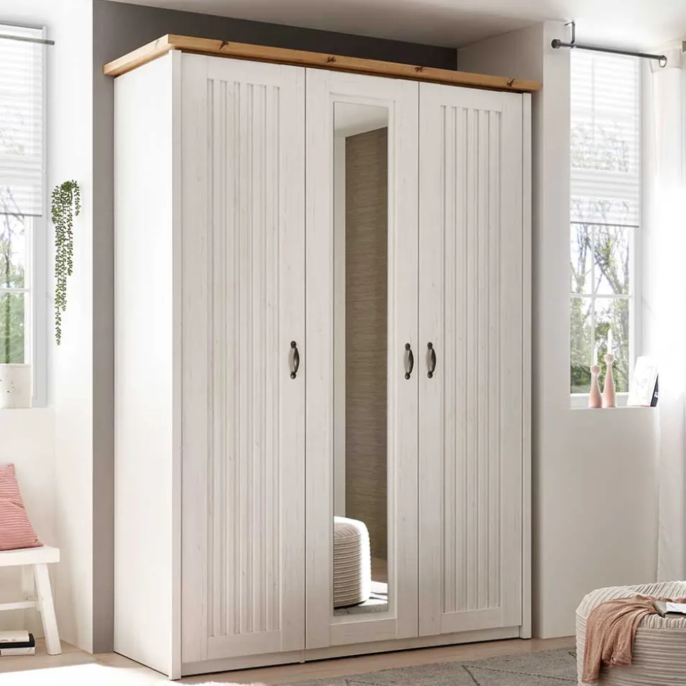 3-türiger Kleiderschrank in Weiß & Eiche Dekor - Malvissa