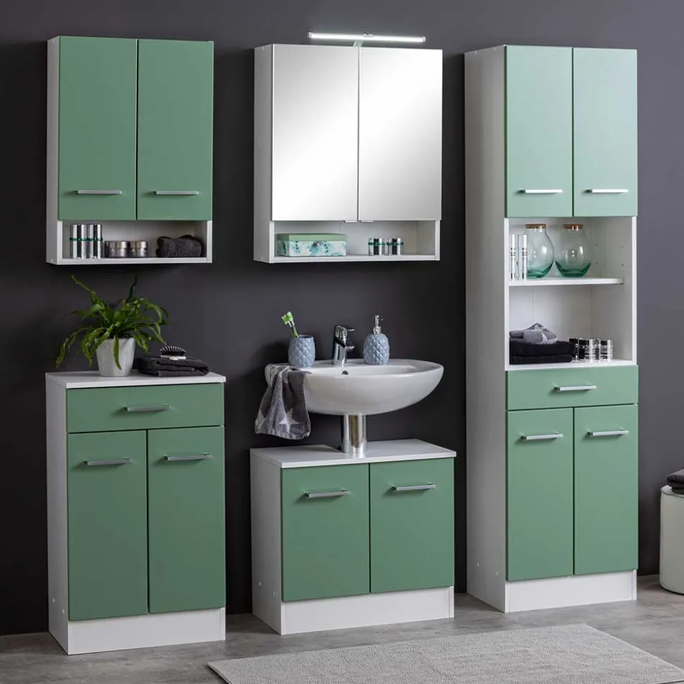 2-türiger Schrank fürs Bad in Grün & Weiß - Loenixa