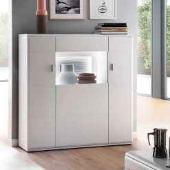 3-türiges Highboard mit Glas Einsatz in Weiß - Hazime